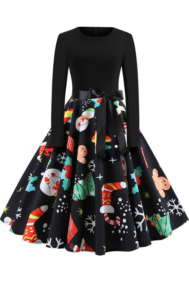 Christmas Long-sleeve Retro Printed Dress - Fashionpara