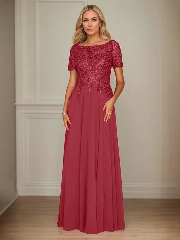 A-Line Chiffon Boat Neck Short Sleeves Floor-Length Mother of the Bride Dresses - View 9 | FashionDia