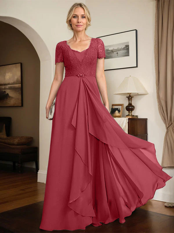 A-line Sweetheart Floor-Length Chiffon Lace Mother of the Bride Dress With Beading Cascading Ruffles - View 11 | FashionDia