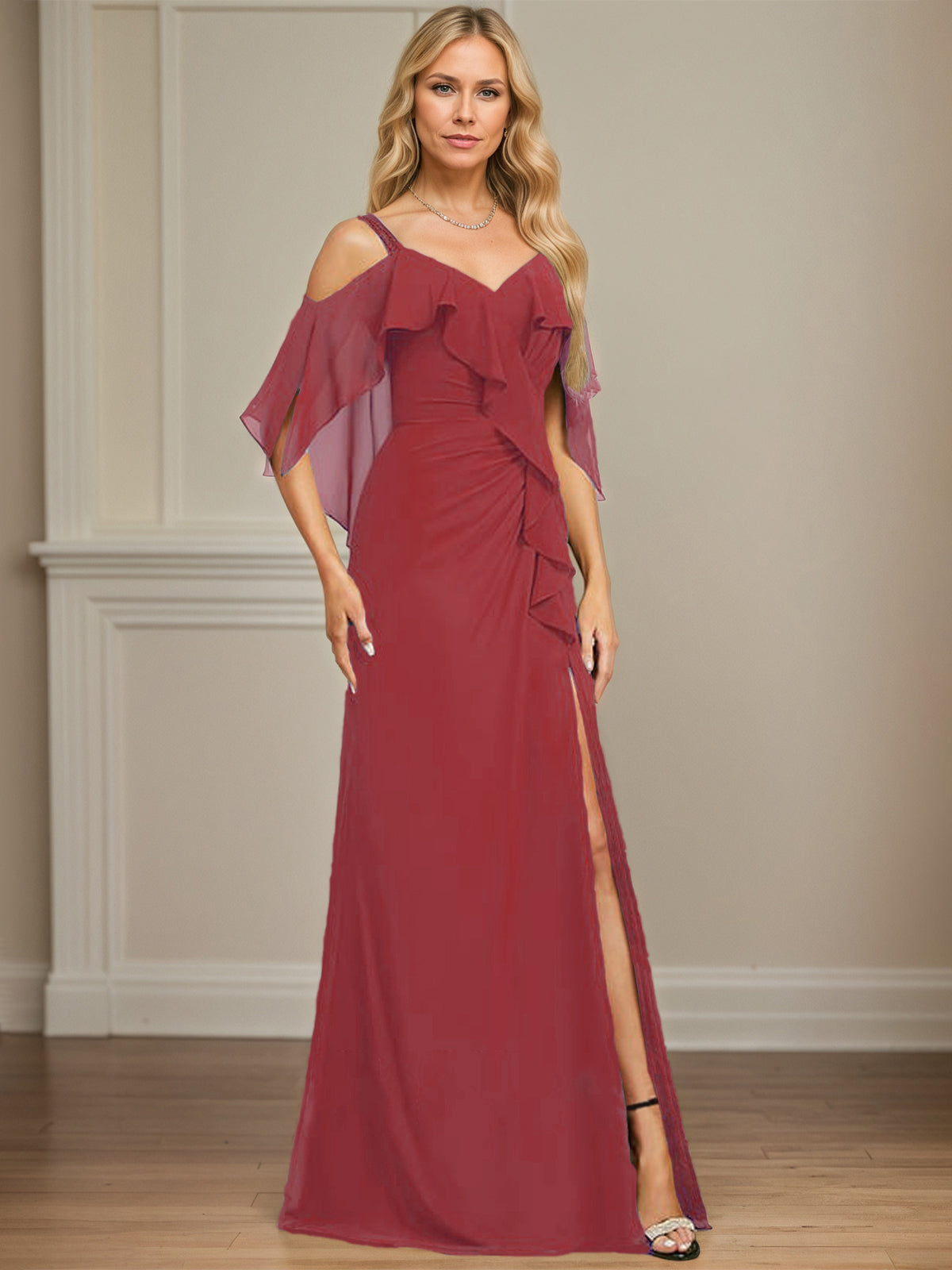 Sheath/Column Cold Shoulder V-Neck Floor-Length Chiffon Dress With Cascading Ruffles Sequins Beading - View 13 | FashionDia