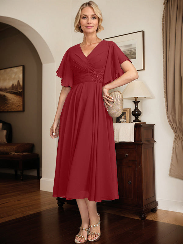 A-line V-Neck Tea-Length Chiffon Mother of the Bride Dress With Pleated Beading - View 12 | FashionDia