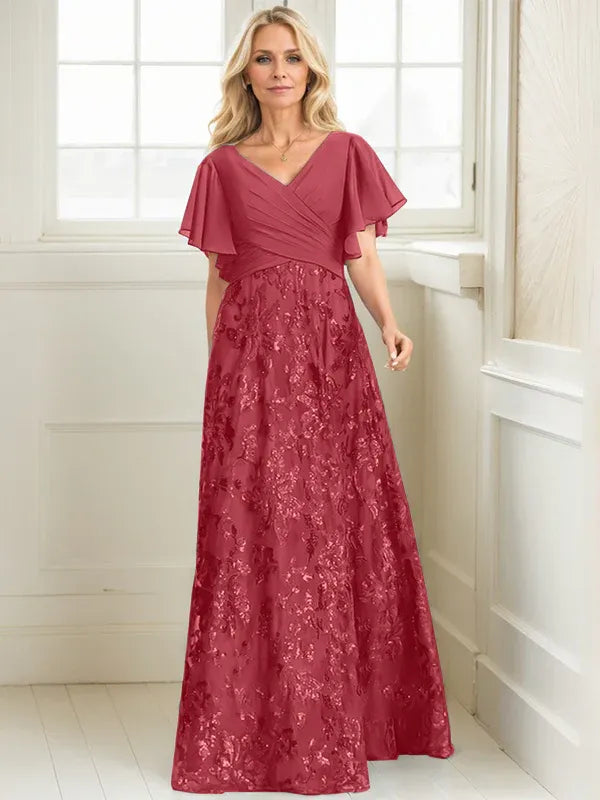 A-line V-Neck Floor-Length Lace Sequin Chiffon Mother of the Bride Dress With Pleated - View 8 | FashionDia