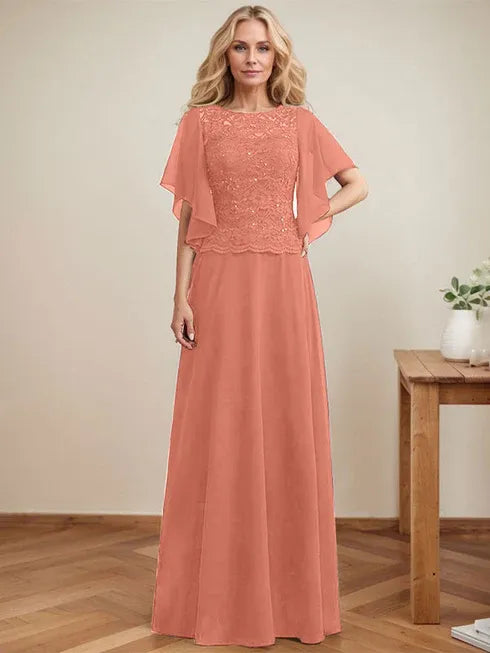 A-line Scoop Illusion Floor-Length Lace Chiffon Mother of the Bride Dress With Sequins - View 14 | FashionDia