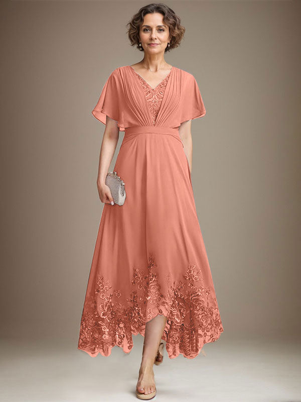 A-line V-Neck Asymmetrical Lace Chiffon Mother of the Bride Dress With Pleated - View 13 | FashionDia