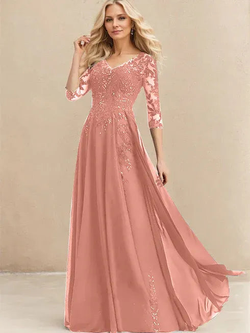 A-line V-Neck Floor-Length Lace Chiffon Mother of the Bride Dress With Sequins - View 12 | FashionDia