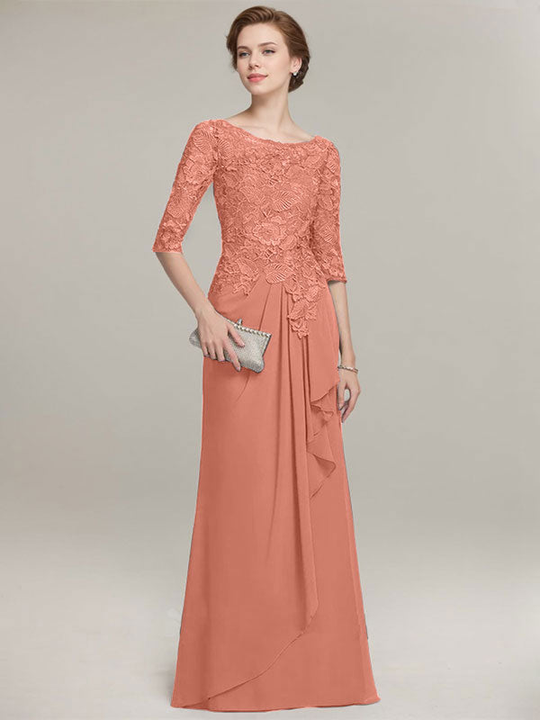 A-line Scoop Illusion Floor-Length Lace Chiffon Mother of the Bride Dress With Cascading Ruffles - View 14 | FashionDia