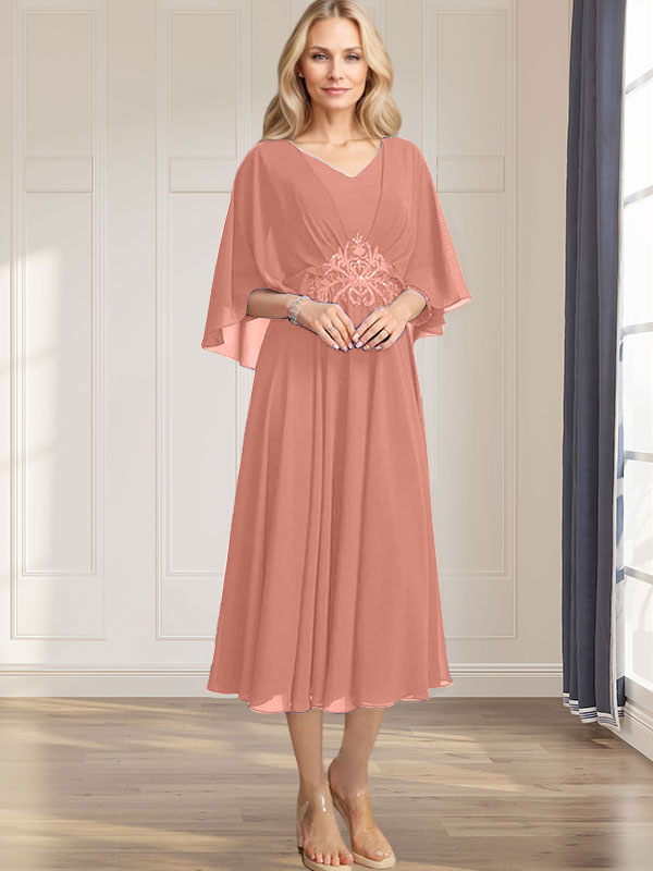 A-line V-Neck Tea-Length Chiffon Mother of the Bride Dress With Pleated Sequins Appliques Lace Beadind - View 14 | FashionDia