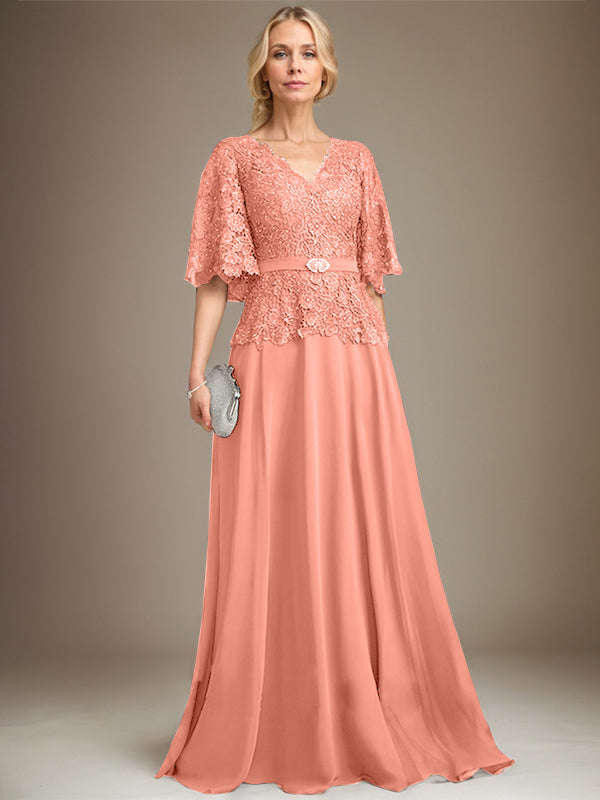 A-line V-Neck Floor-Length Chiffon Lace Mother of the Bride Dress With Crystal Brooch Rhinestone - View 14 | FashionDia