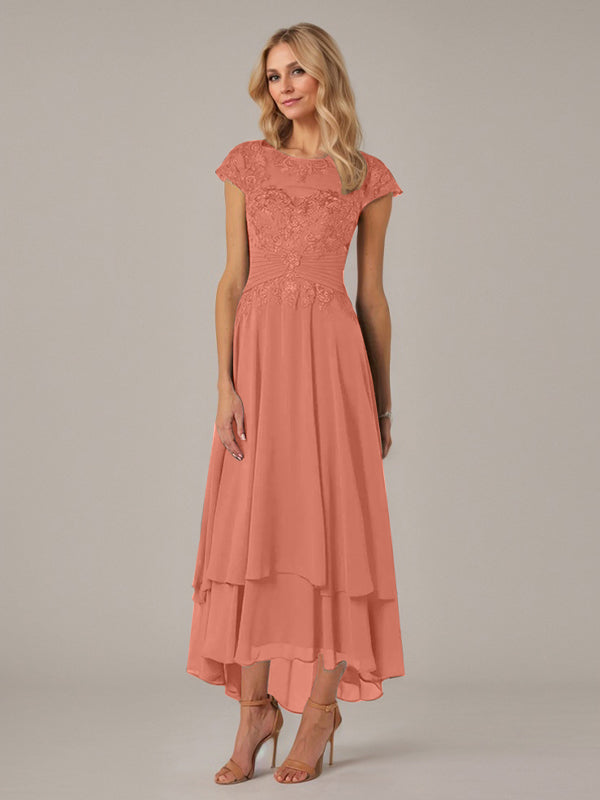 A-line Boat Neck Illusion Asymmetrical Chiffon Lace Mother of the Bride Dress With Applique Pleats - View 15 | FashionDia