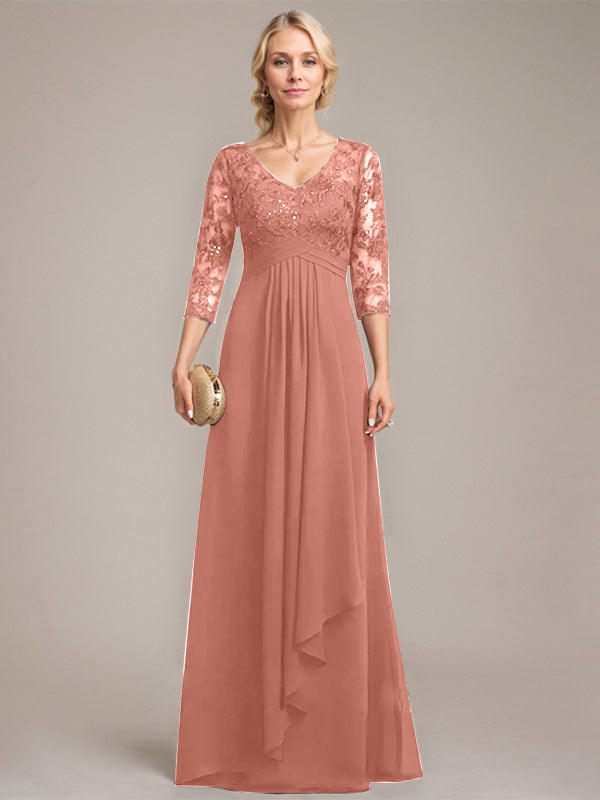 A-line V-Neck Floor-Length Lace Chiffon Mother of the Bride Dress With Cascading Ruffles Sequins - View 14 | FashionDia