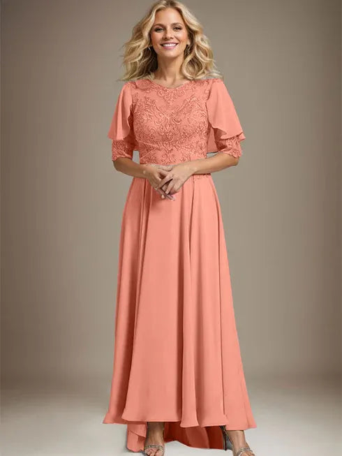 A-line Scoop Illusion Asymmetrical Chiffon Lace Mother of the Bride Dress With Beading - View 14 | FashionDia