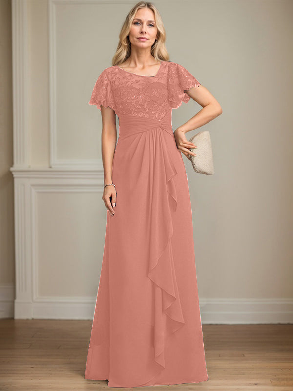 A-line Asymmetrical Illusion Floor-Length Lace Chiffon Mother of the Bride Dress With Cascading Ruffles Sequins - View 14 | FashionDia
