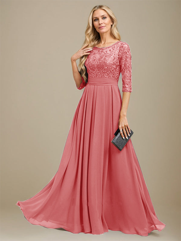 A-Line Scoop Floor-Length Lace Chiffon Mother Of the Bride Dress With Sequins Applique - View 14 | FashionDia