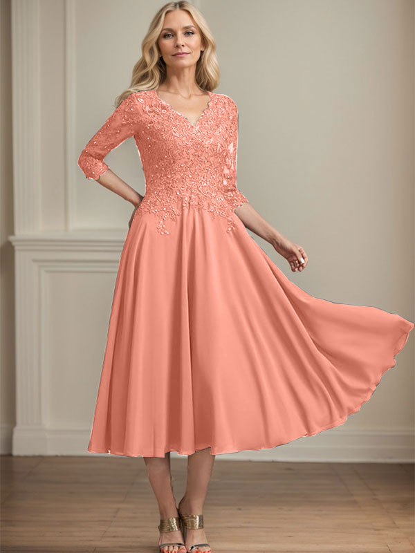 A-line V-Neck Tea-Length Chiffon Lace Mother of the Bride Dress With Beading Sequins - View 12 | FashionDia