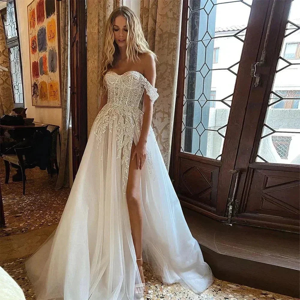 Classic Applique Wedding Dresses Sleeveless Sexy Side Slit Sweetheart Ball Gowns Fluffy Tulle Floor Length Formal Beach Party by payinti