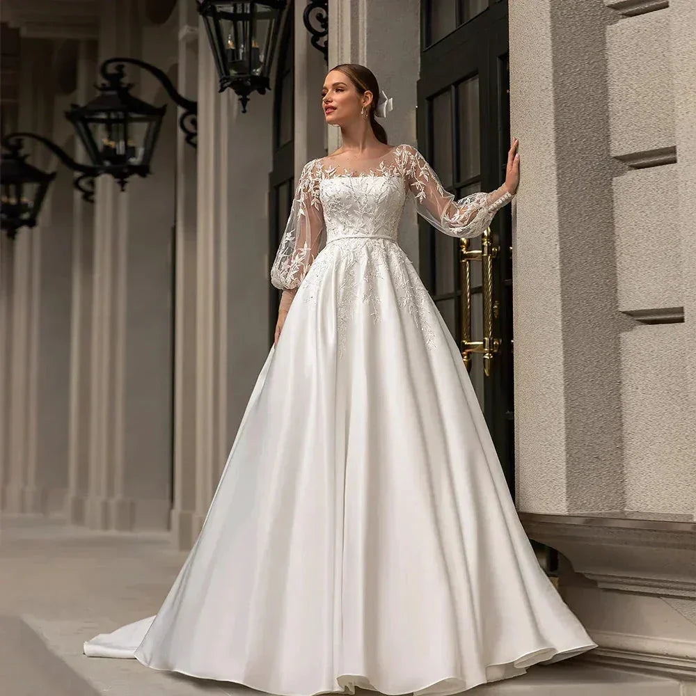Classic Wedding Dresses Women O-Neck Full Sleeves Bride Dress Satin With Applique Sweep Train A-Line Custom Occasion Gowns by payinti