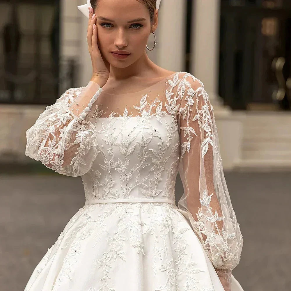Classic Wedding Dresses Women O-Neck Full Sleeves Bride Dress Satin With Applique Sweep Train A-Line Custom Occasion Gowns (ZD13474)