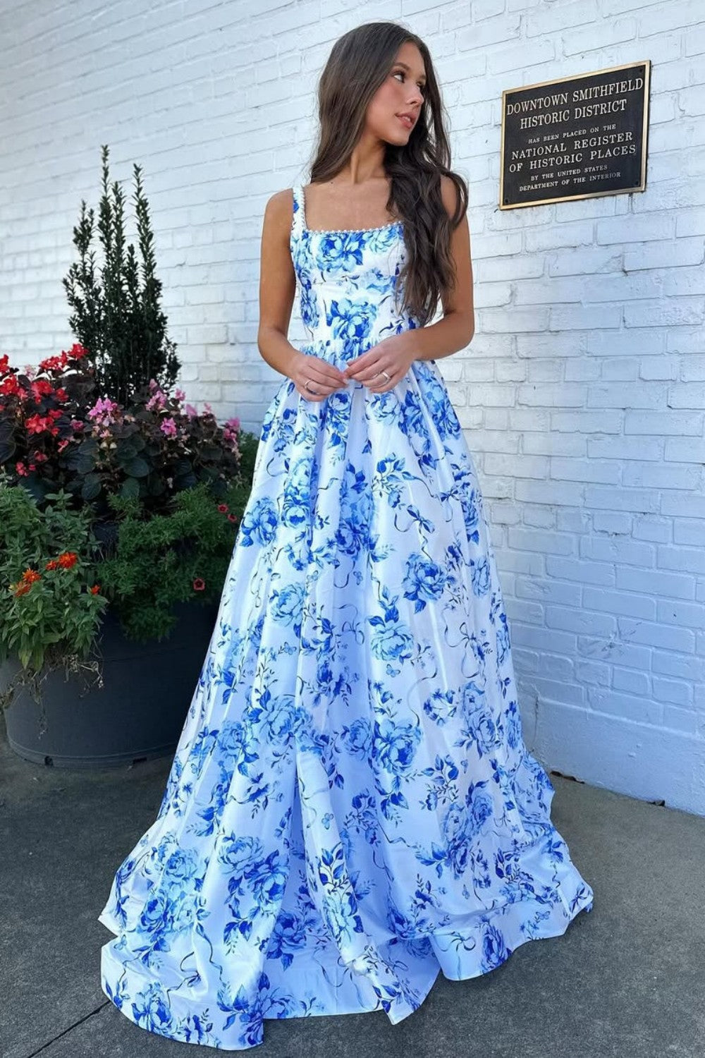 Gorgeous A-Line Square Neck Blue Floral Printed Long Prom Dress with Backless - FashionDia