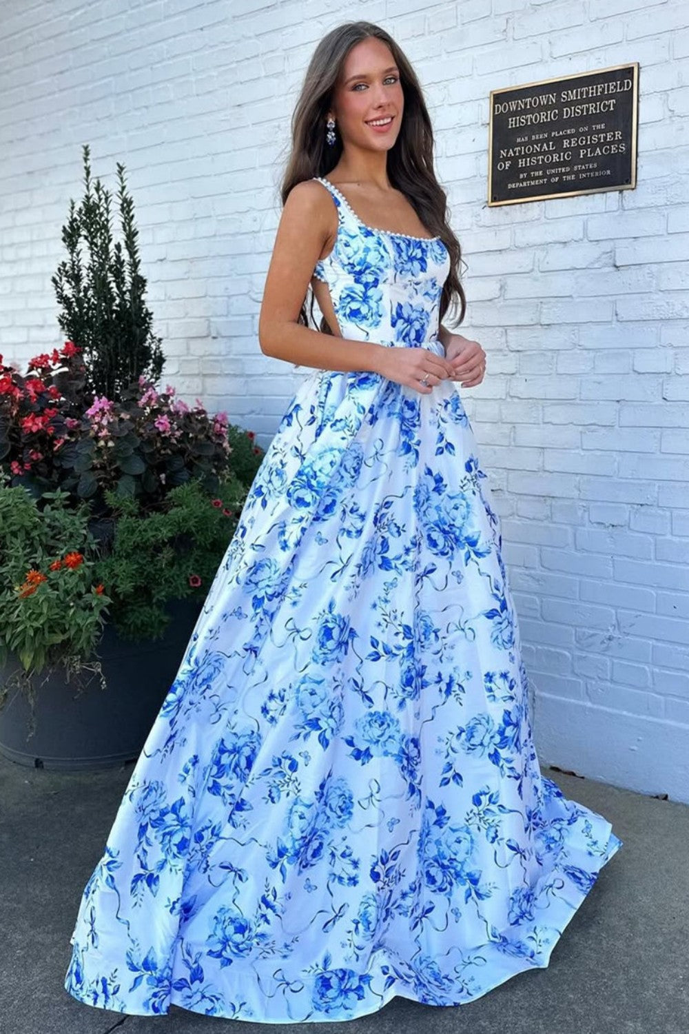 Gorgeous A-Line Square Neck Blue Floral Printed Long Prom Dress with Backless - View 3 | FashionDia