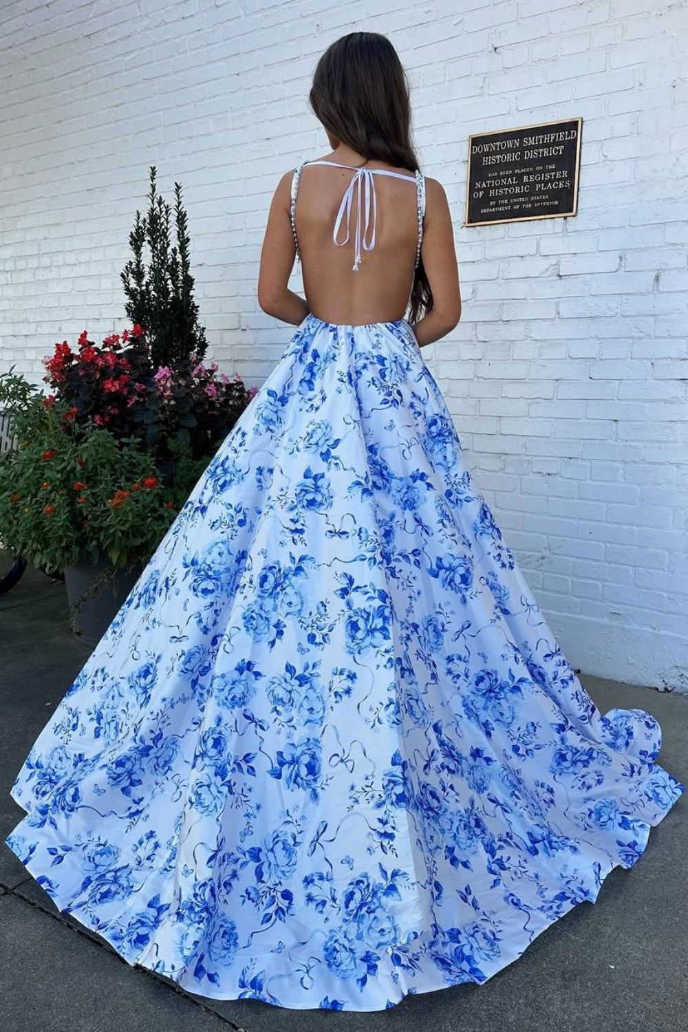 Gorgeous A-Line Square Neck Blue Floral Printed Long Prom Dress with Backless - View 2 | FashionDia