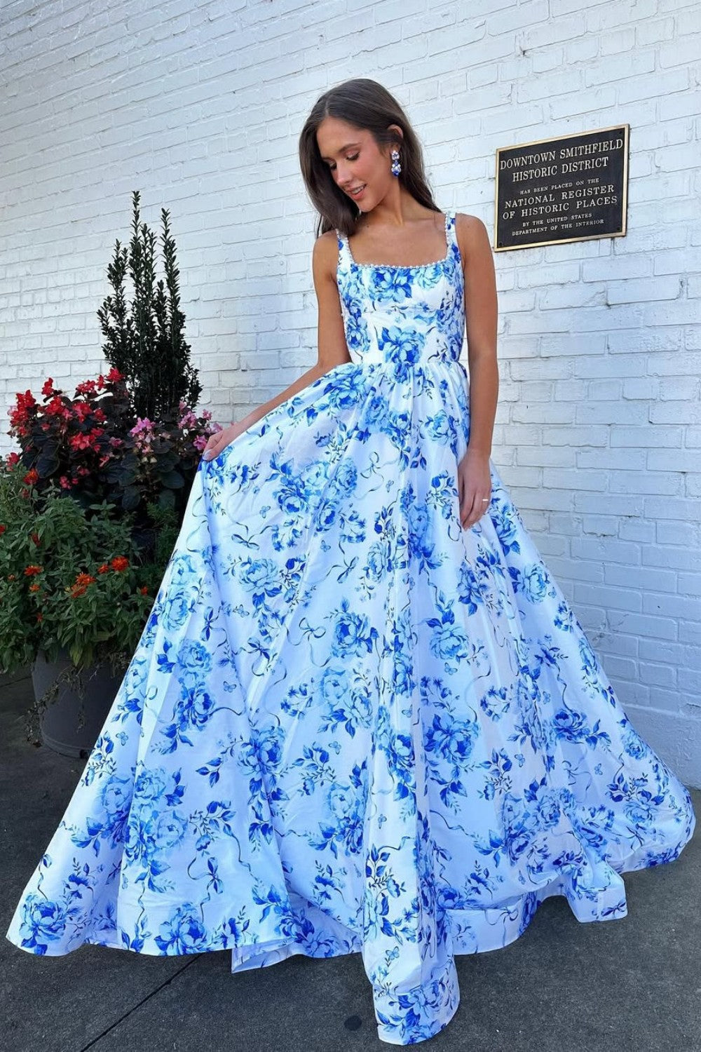Gorgeous A-Line Square Neck Blue Floral Printed Long Prom Dress with Backless - View 4 | FashionDia