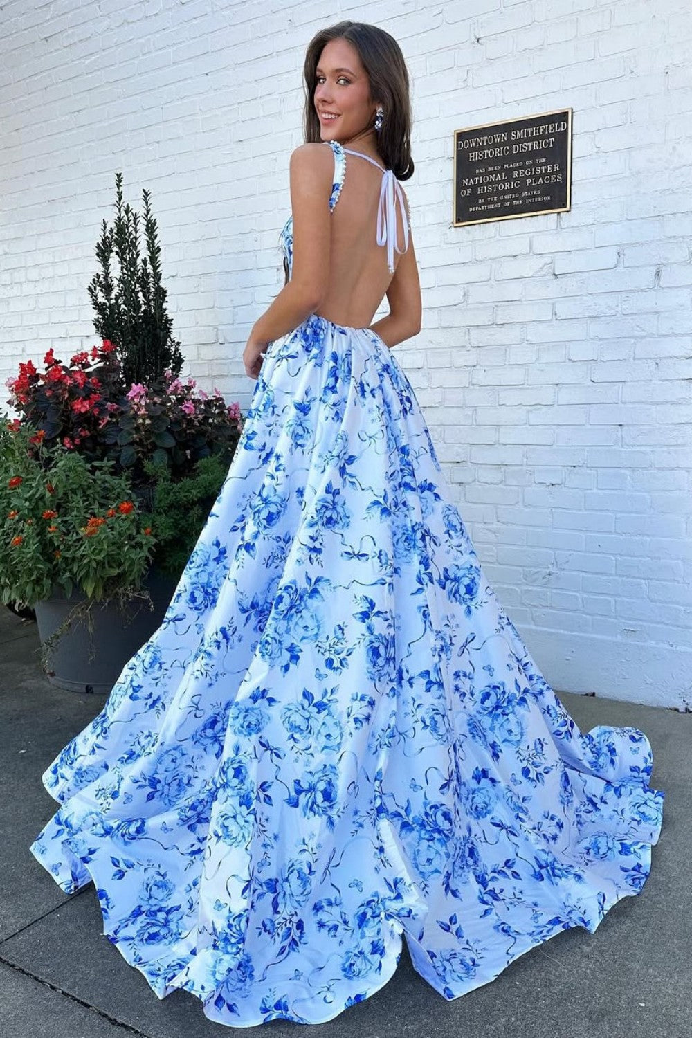 Gorgeous A-Line Square Neck Blue Floral Printed Long Prom Dress with Backless - View 5 | FashionDia