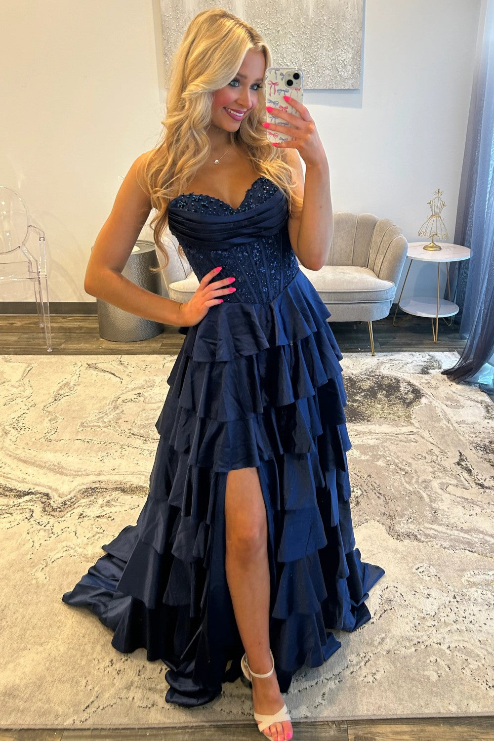 Classic A-Line Sweetheart Navy Corset Prom Dress with Appliques Ruffles - FashionDia