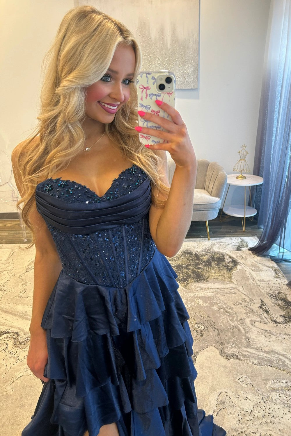 Classic A Line Sweetheart Navy Corset Prom Dress with Appliques Ruffles