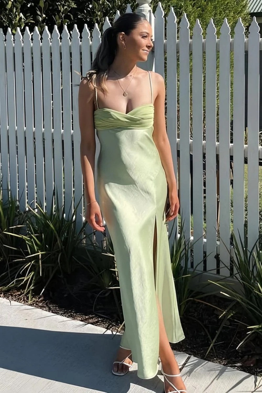 Classic Sheath Spaghetti Straps Mint Green Tea Length Party Dress with Slit