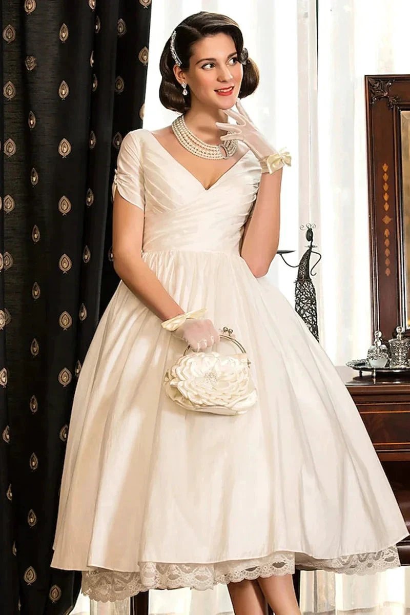 Classical A-Line V-Neck Short Sleeve Pleats Bohemain Wedding Dress (ZD16146)