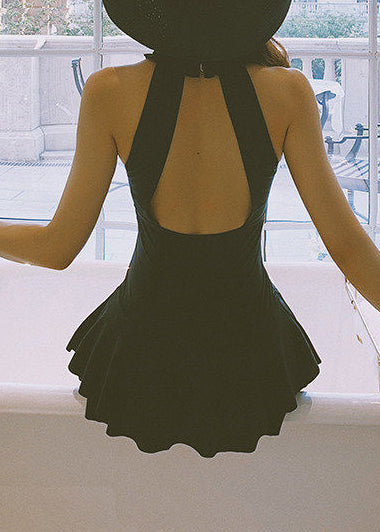 Classy Black Backless Halter Swimwear Dress Bodysuit