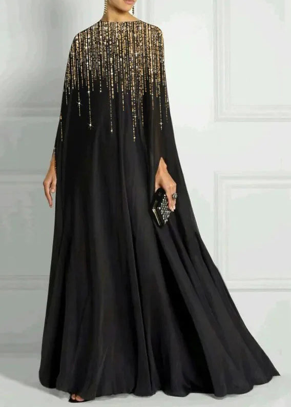 Classy Black Sequins Patchwork Cotton Maxi Dress Batwing Sleeve