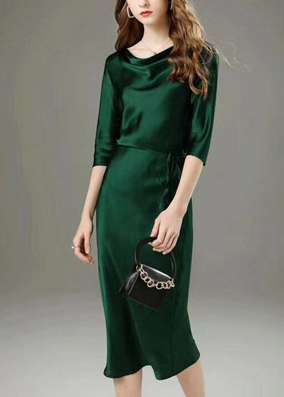 Classy Black Tie Waist Solid Silk Long Dress Half Sleeve