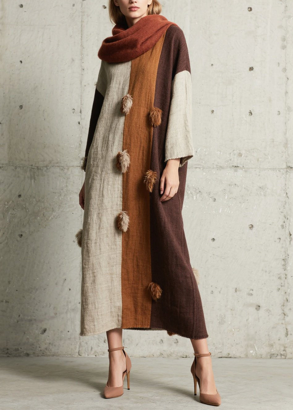 Classy Colorblock Oversized Patchwork Fuzzy Ball Decorated Dress Fall