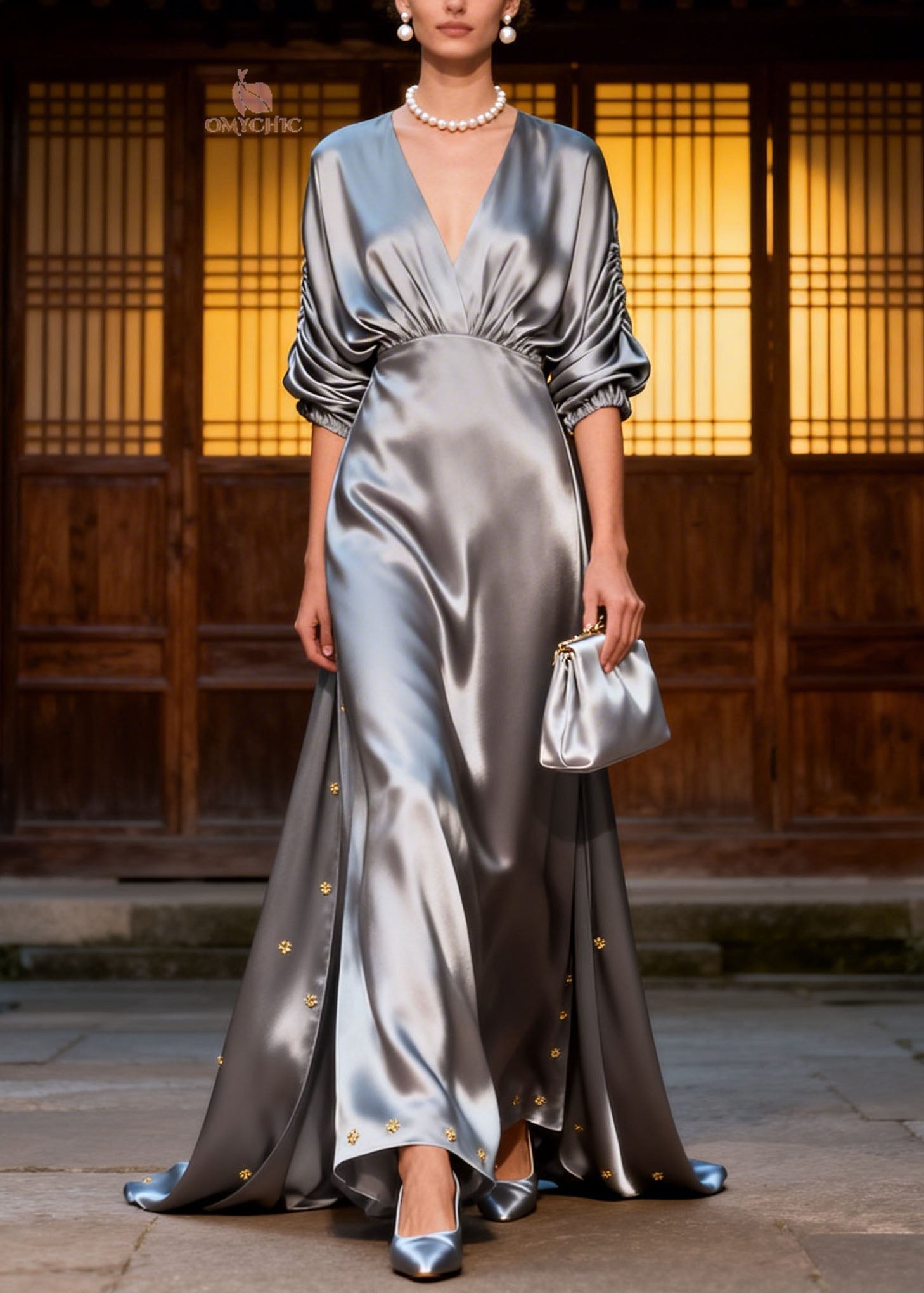 Classy Grey V Neck Patchwork Silk Ankle Dress Summer