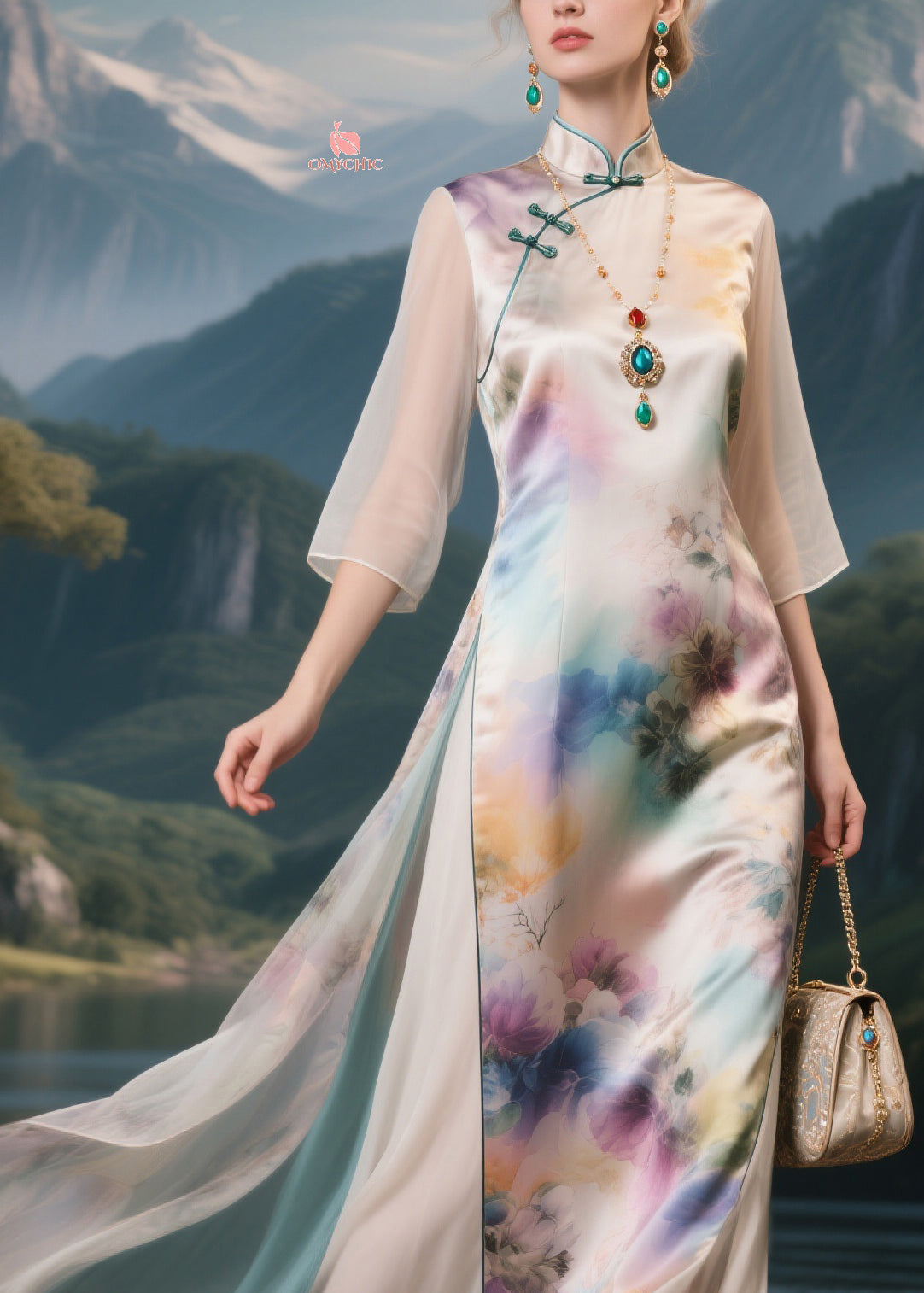 Classy Stand Collar Print Tulle Patchwork Silk Long Dress Half Sleeve