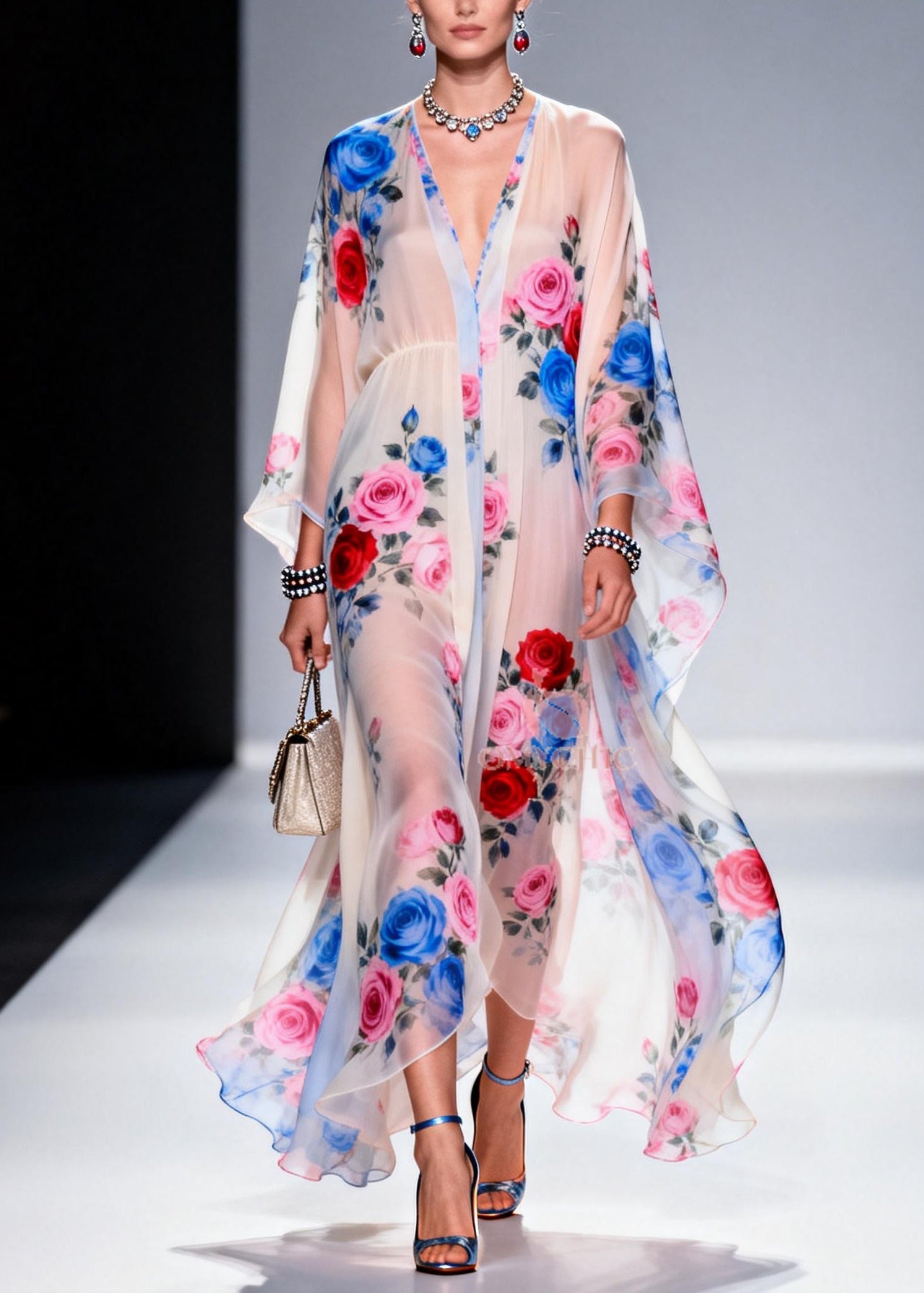 Classy White Oversized Floral Print Chiffon Sheer Dresses Summer