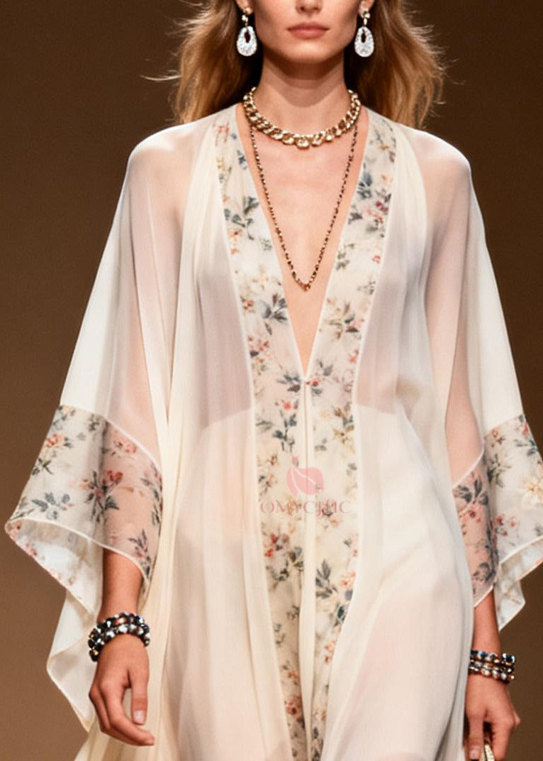 Classy White Oversized Patchwork Print Chiffon Holiday Dress Summer
