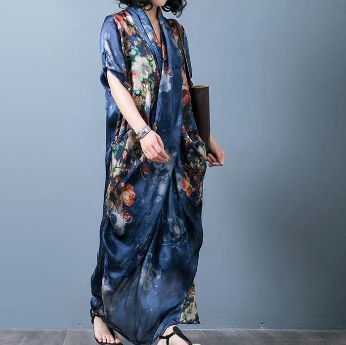 Classy Asymmetric Silk Clothes For Women Blue Print Dresses Summer ( Limited Stock)