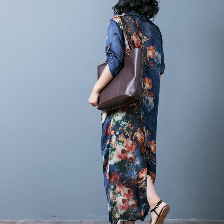 Classy Asymmetric Silk Clothes For Women Blue Print Dresses Summer ( Limited Stock)