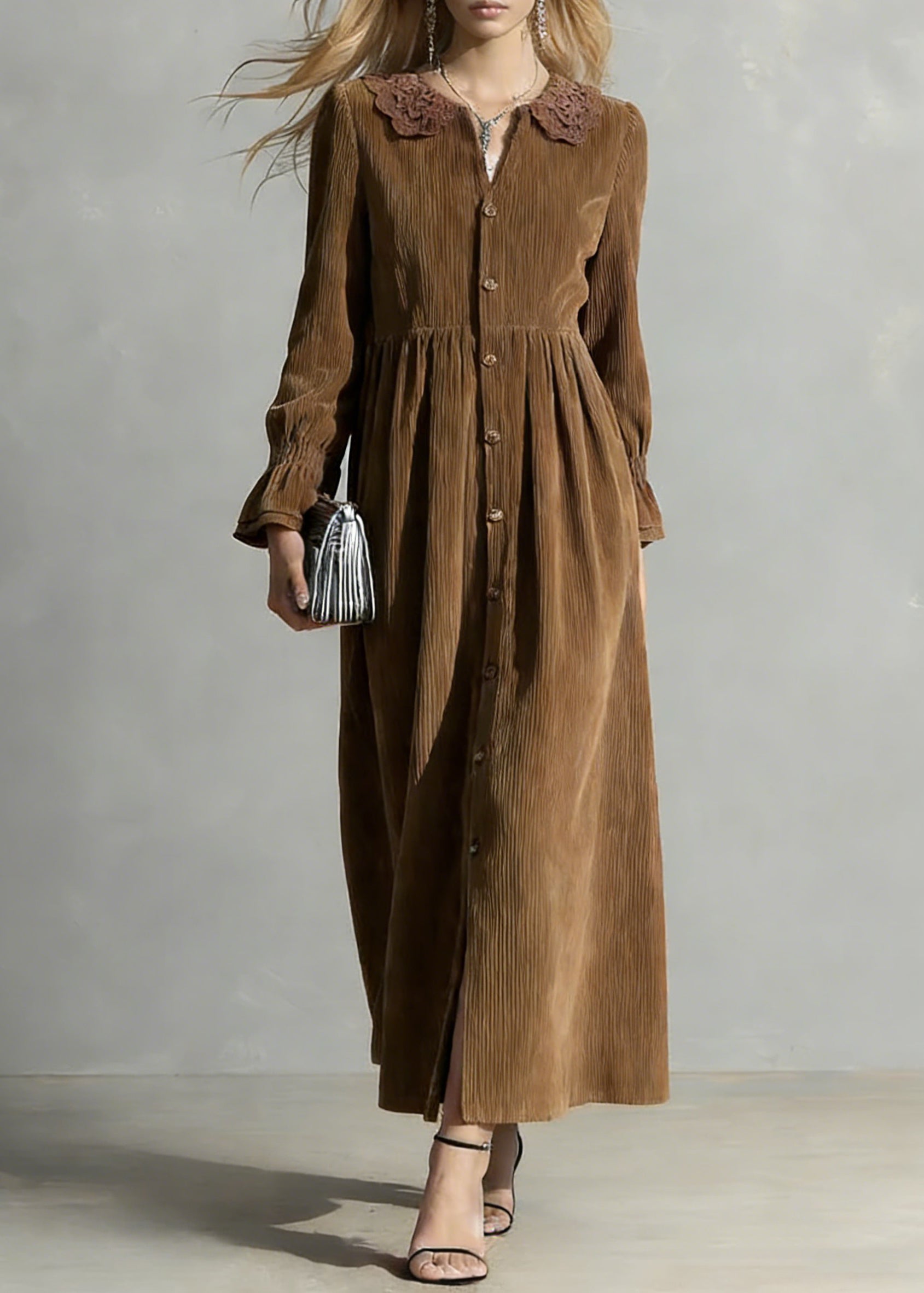 Coffee Button Solid Oversized Corduroy Shirts Dress Peter Pan Collar