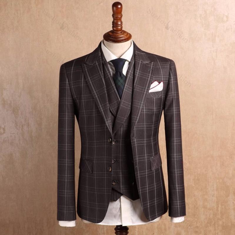 Coffee Plaid Three Piece Peaked Lapel Prom Suit