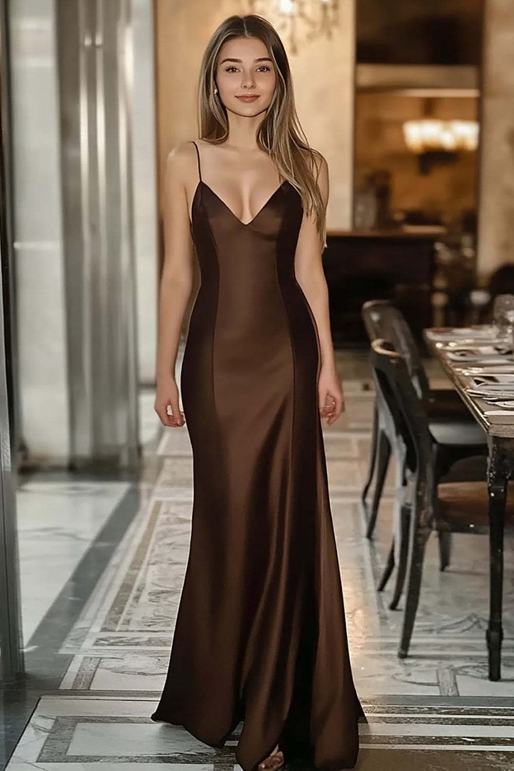 Coffee Prom Dress Satin Spaghetti Straps Mermaid Long Formal Dress