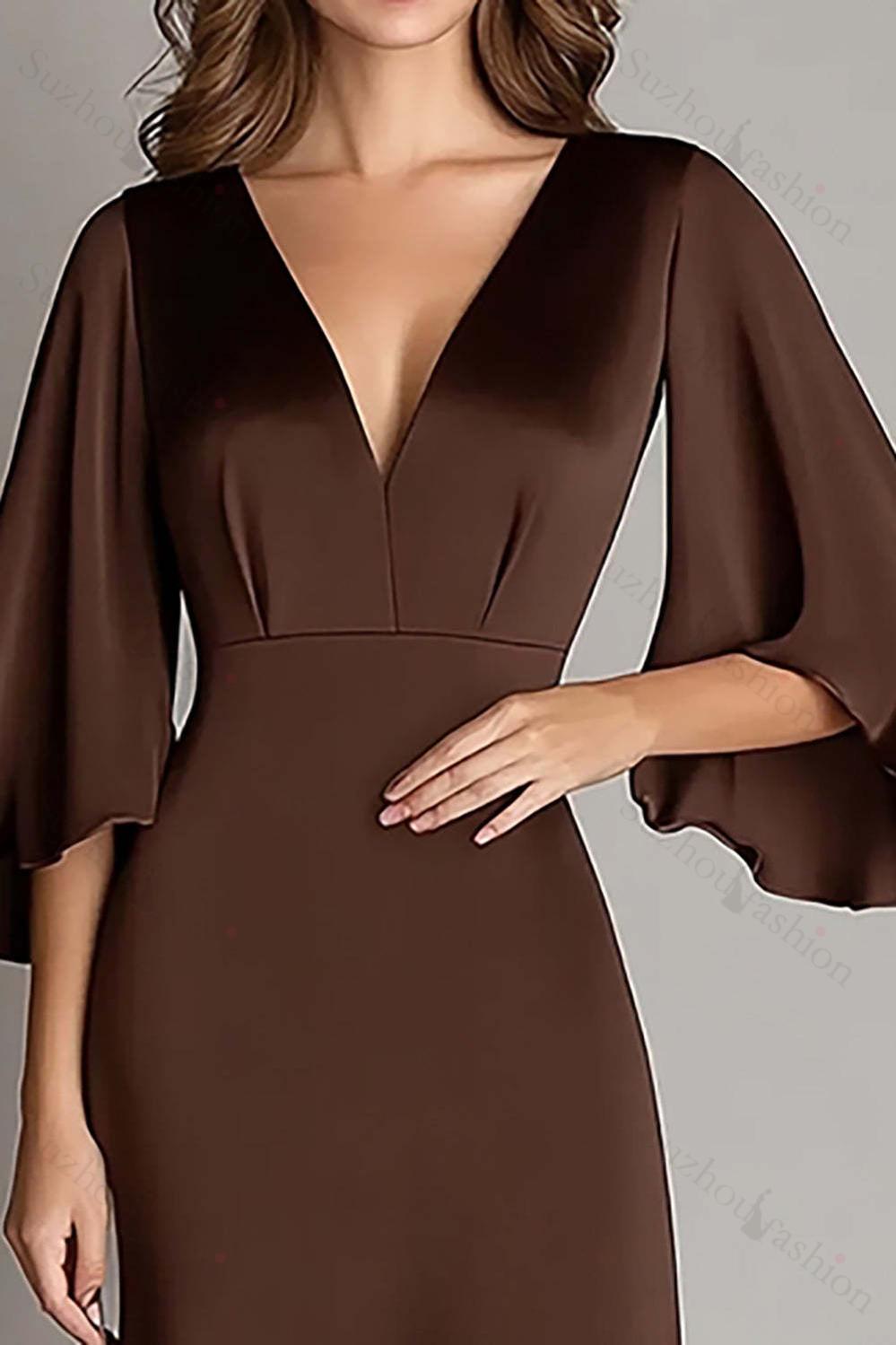 Coffee Prom Dress Satin V Neck Sheath Long Formal Dress With 3/4 Sleeves