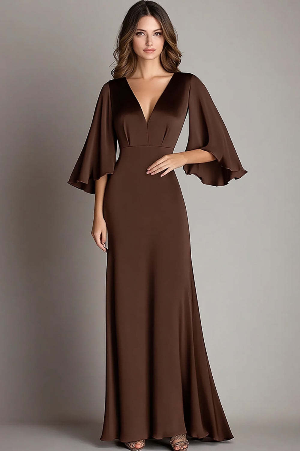 Coffee Prom Dress Satin V Neck Sheath Long Formal Dress With 3/4 Sleeves