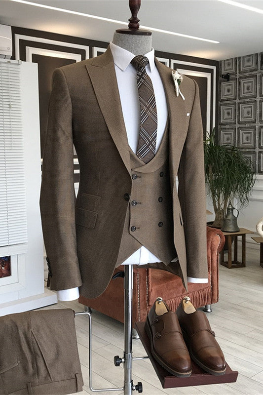 Coffee Three Piece Peaked Lapel Business Suit