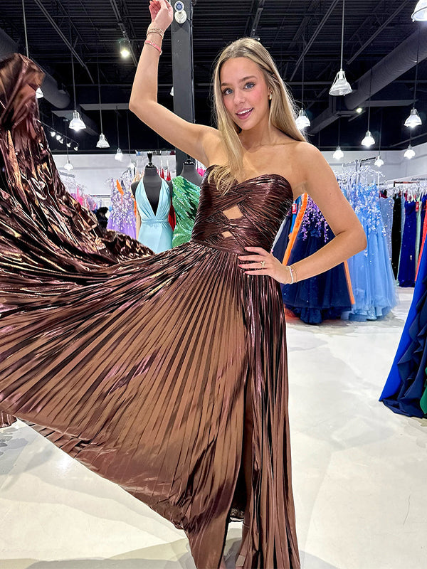 Coffee A Line Strapless Sweetheart Pleated Prom Dress with High Slit