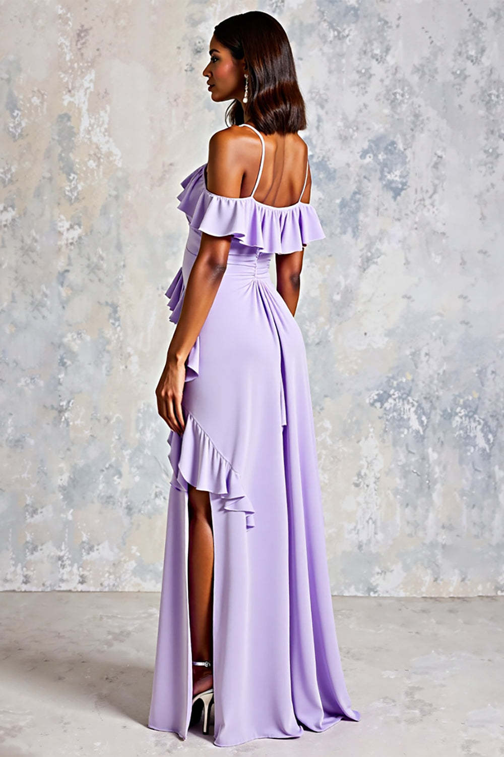 Cold Shoulder Lilac Ruffled Long Chiffon Formal Dress