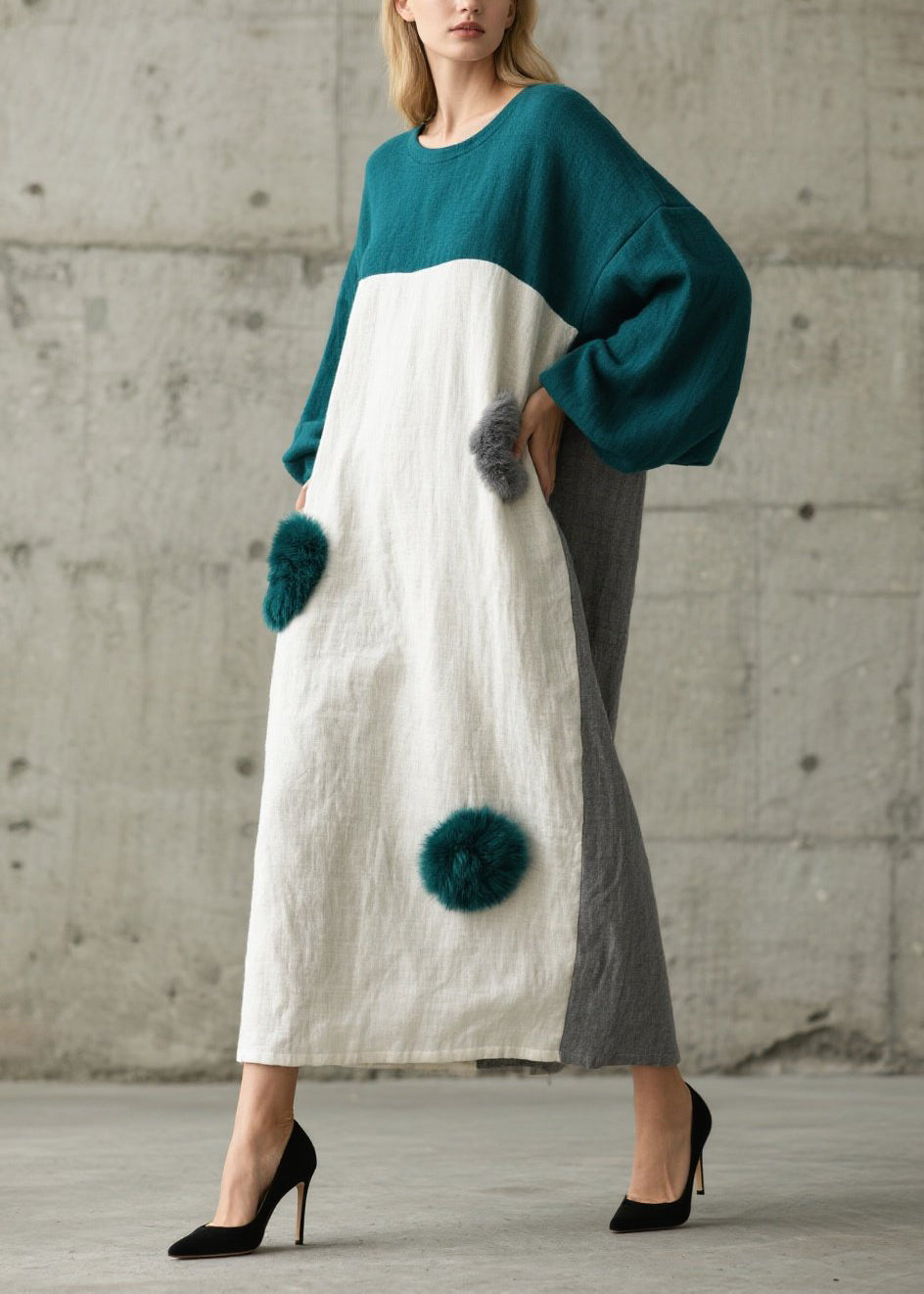Colorblock Patchwork Cotton Robe Dresses Oversized Fuzzy Ball Decorated Fall