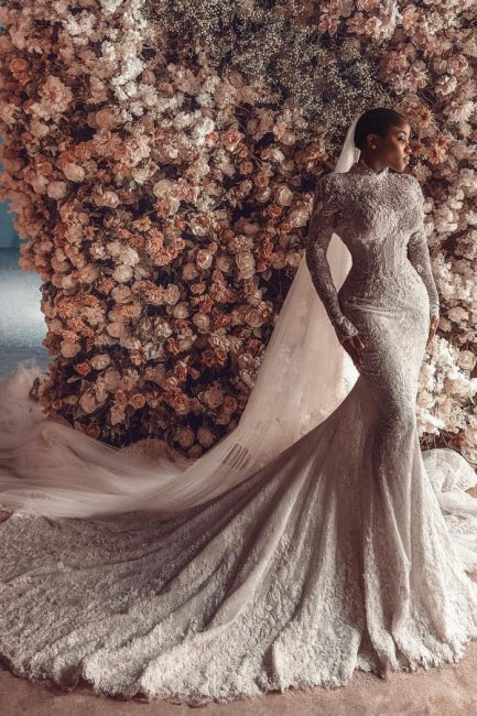 Column Lace High Neck Long Sleeve White Wedding Dress Long Bridal Gown With Appliques Train